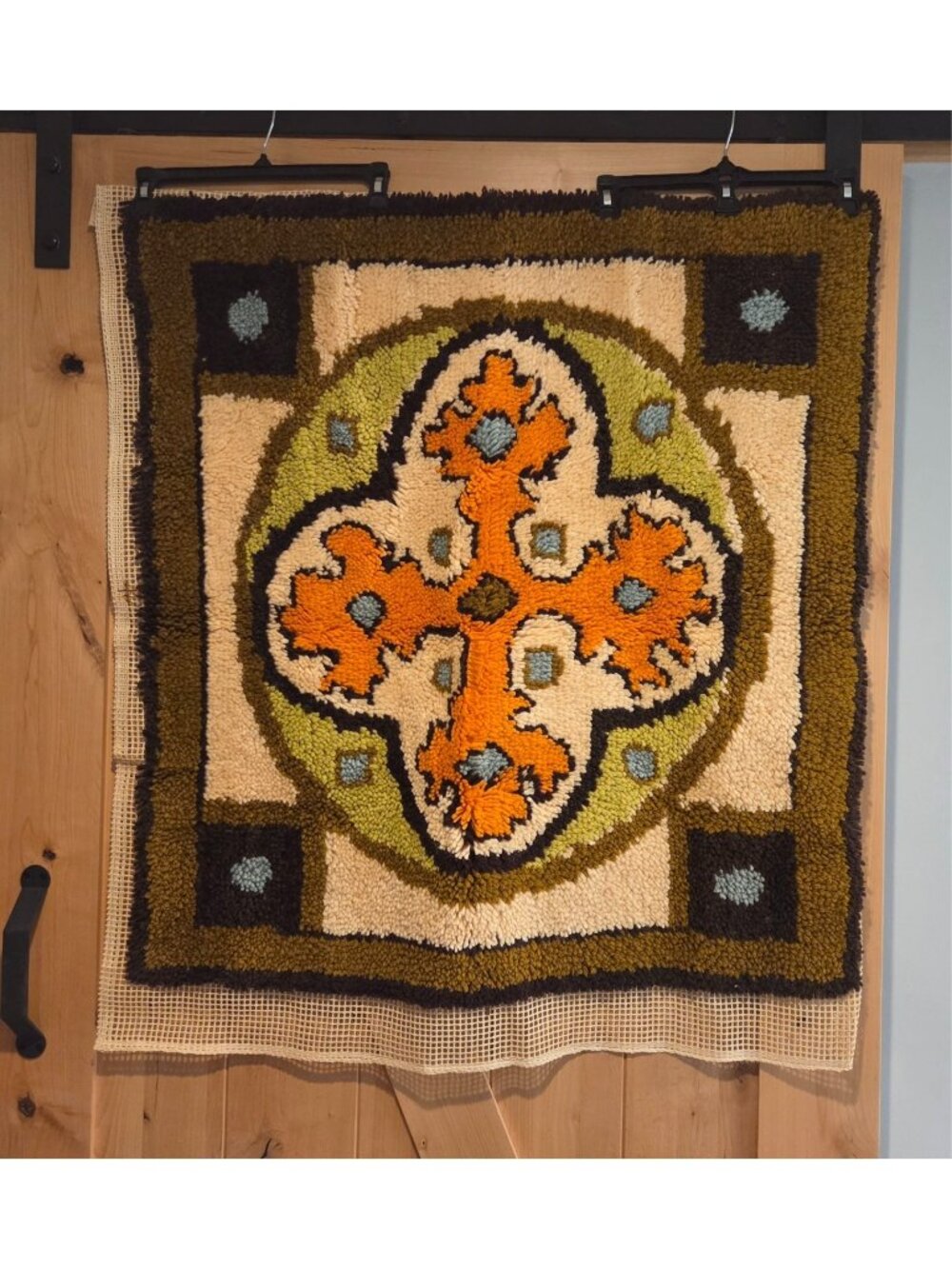 VTG Large Finished Latch Hook Rug 33x36 Wall Art Celtic Cross Medallion Boho MCM